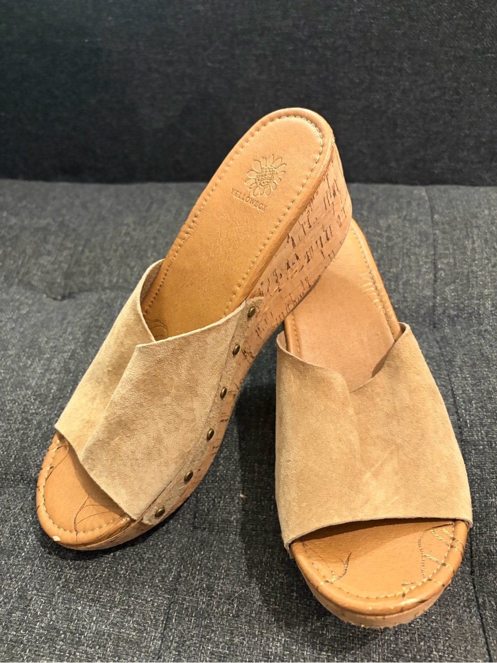 Yellow Box Tan Suede Cork Wedge Slide Mules